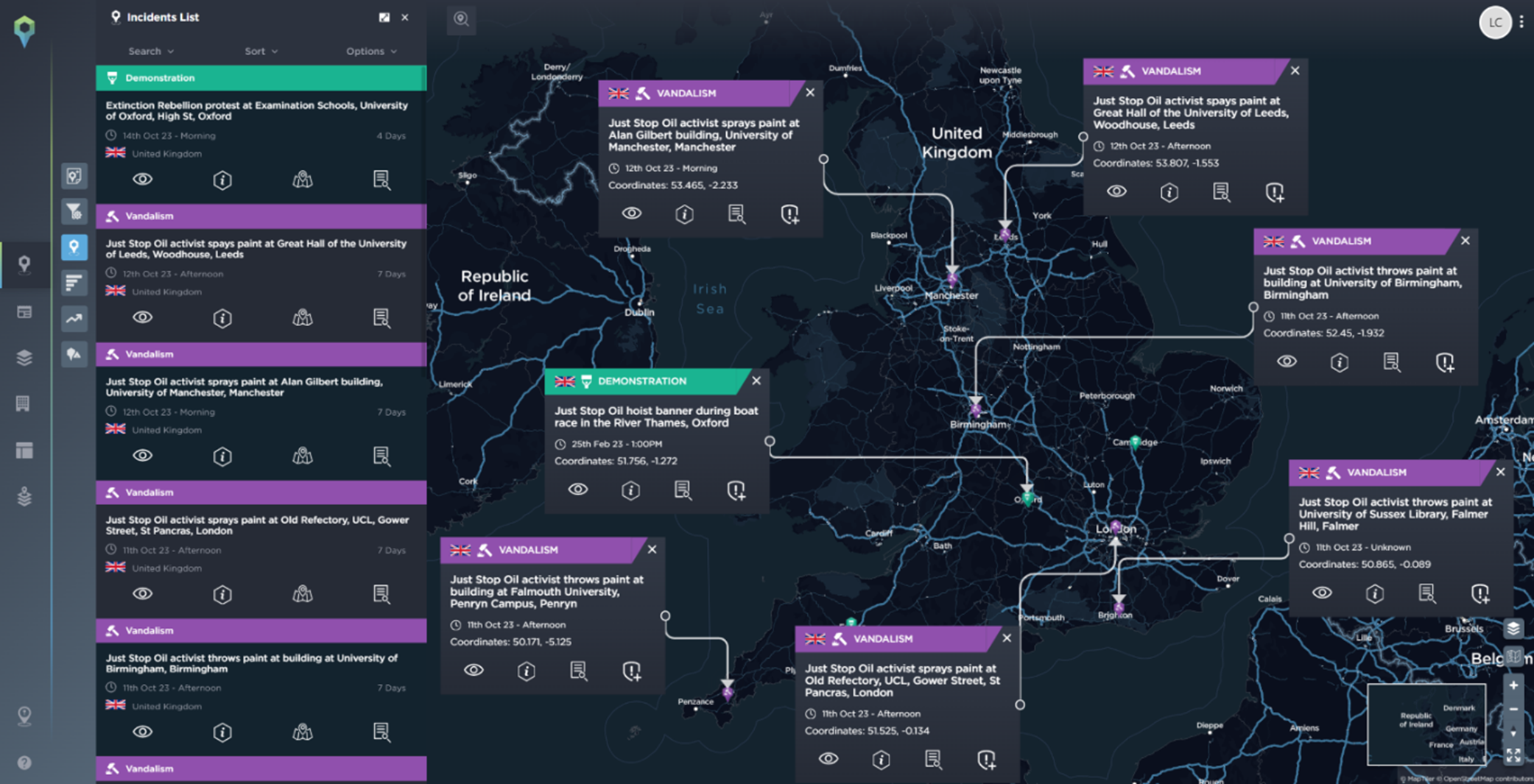 Extinction Rebellion and Just Stop Oil incidents on the Intelligence Fusion platform