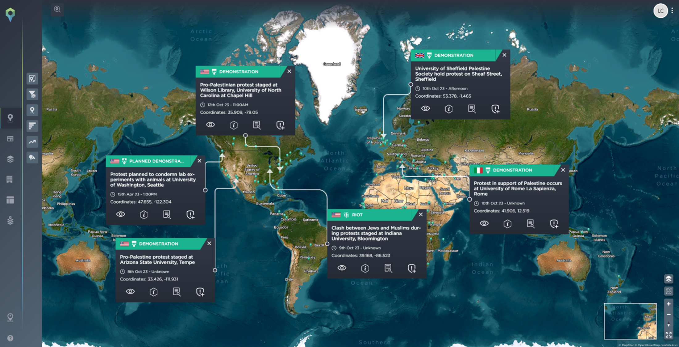 A selection of Israel-Palestine activism incident on the Intelligence Fusion platform