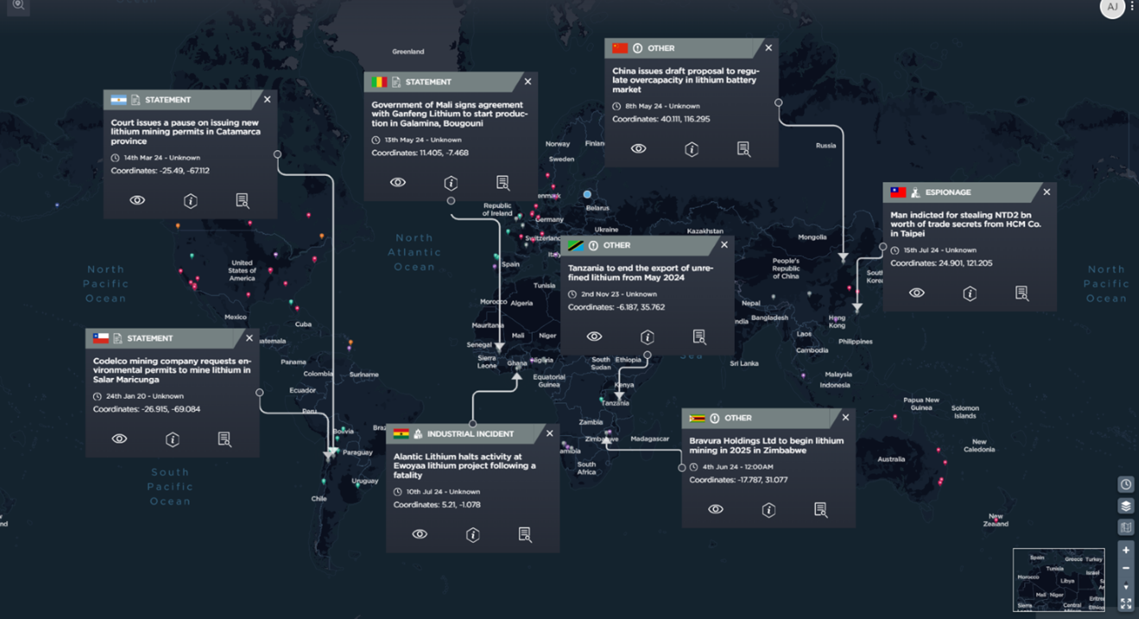 Figure One: Incidents across the world involving or affecting the lithium industry [Image source: Intelligence Fusion]