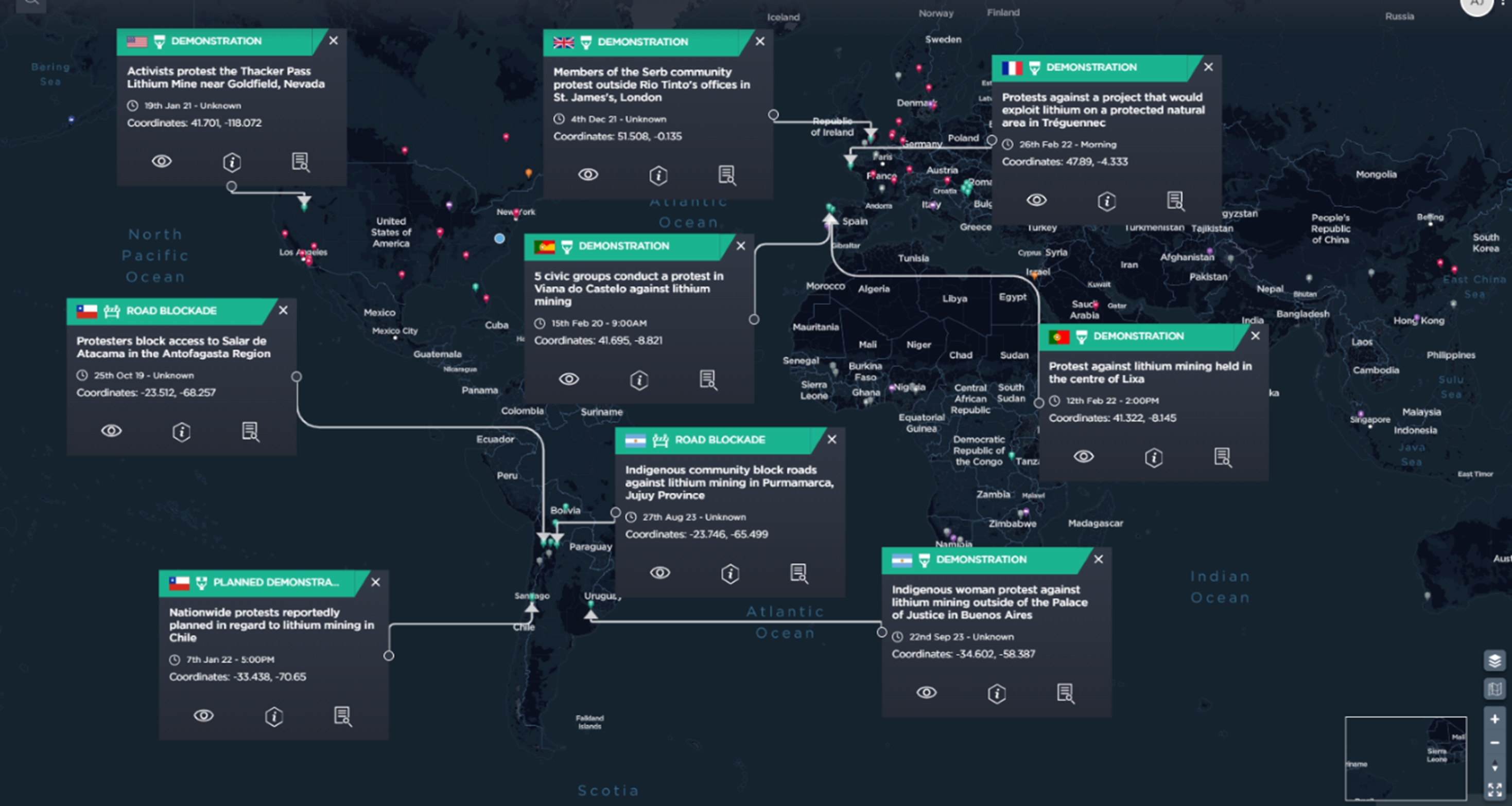 Figure Five: Historical and recent protests against lithium mining across the world [Image source: Intelligence Fusion]