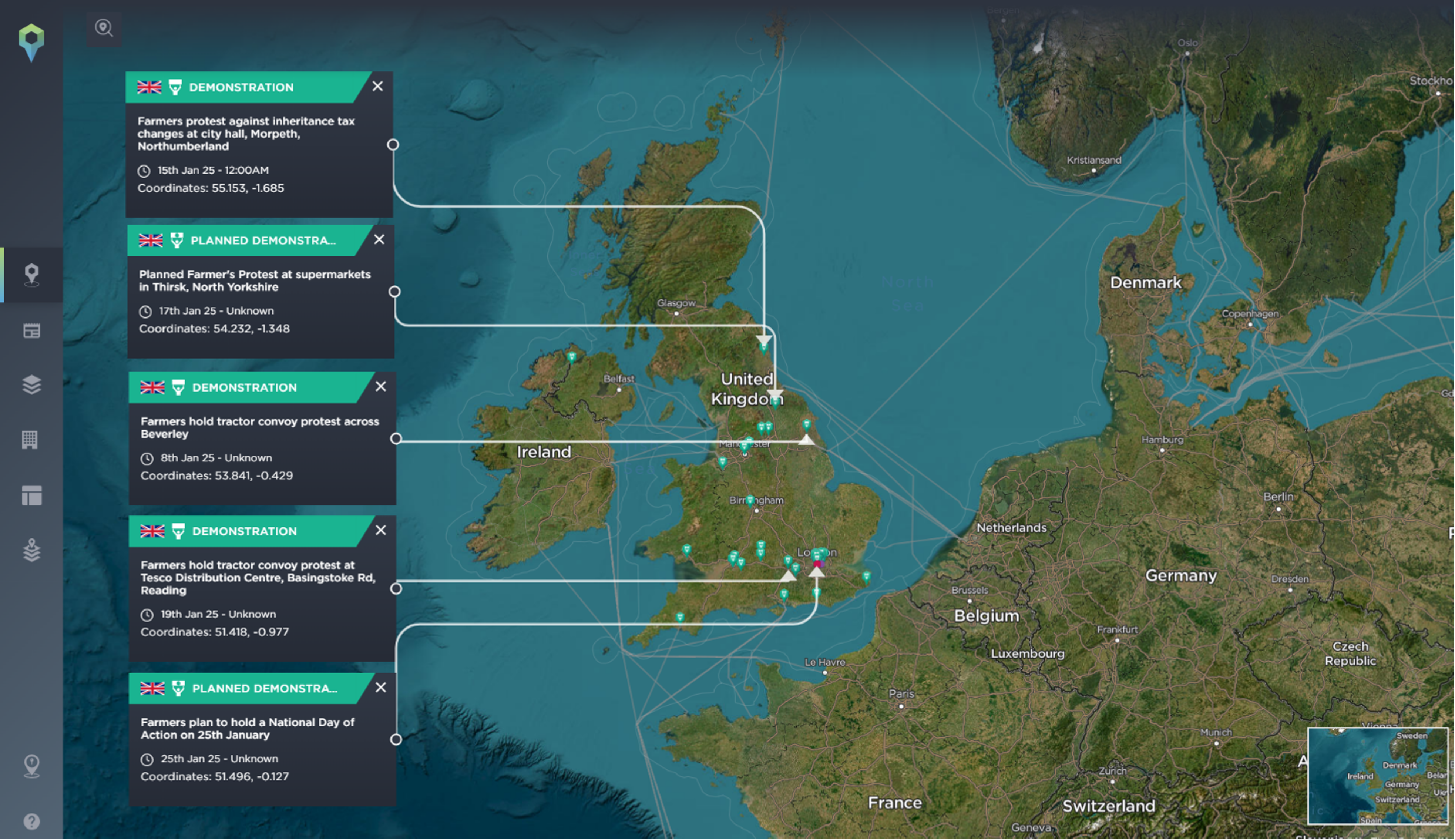 Farmer protests in England mapped on the Intelligence Fusion platform